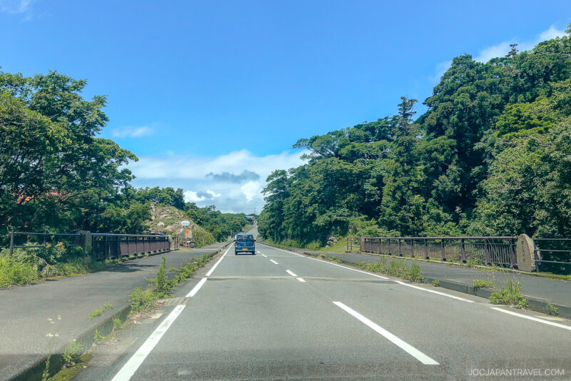 A blue truck driving on a road in Yakushima with trees in the background.