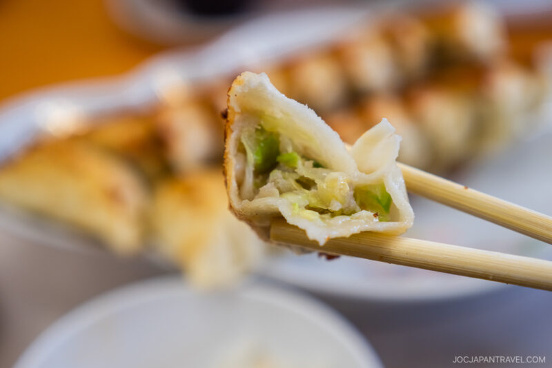 A close-up of chopsticks holding a half-eaten Hamamatsu Gyoza filled with vegetables, with more dumplings blurred in the background on a white plate.