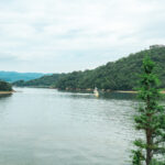 Lake Hamana (浜名湖) – A Scenic Escape Near Hamamatsu A calm Lake Hamana is surrounded by green, tree-covered hills under a cloudy sky, with a small white boat on the water and a tall tree in the foreground.
