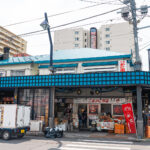 A busy street scene shows the blue-roofed Nijo Market building in Japan. Stalls display fruits, vegetables, and boxes, with people shopping and a small blue truck parked in front. Signs in Japanese hang above the entrance.