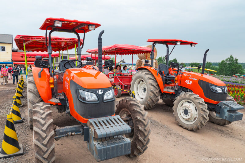 Two bright orange tractors with large tires are parked on a dirt path at Shikisai no Oka, attached to red covered passenger carts. People are gathered nearby and colorful flower fields can be seen in the background.