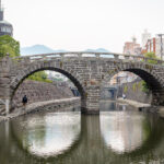 The Stone Bridges of the Nakashima River (中島川) – Historic Waterways of Nagasaki Two stone arch bridges span the calm Nakashima River in an urban area, with people strolling along stone-paved walkways; buildings and trees line the scenic riverbanks.
