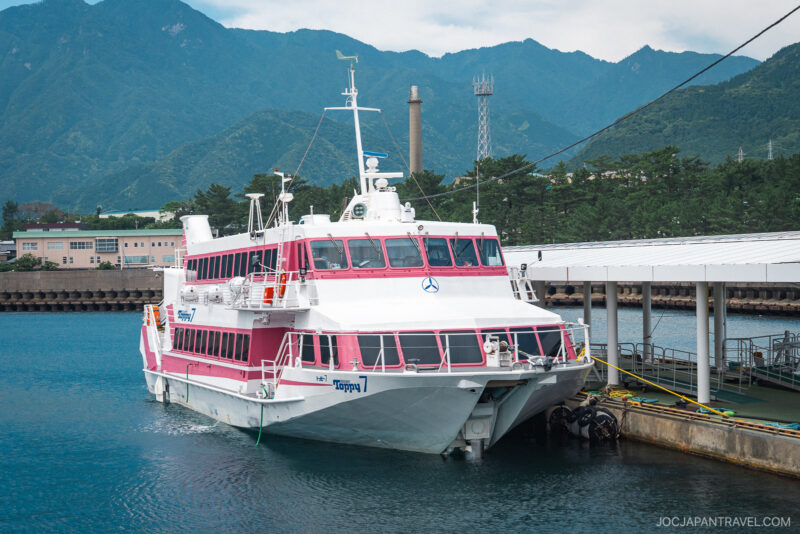 A white and pink Toppy & Rocket passenger ferry is docked at a pier, with green mountains and a small town in the background under a partly cloudy sky.