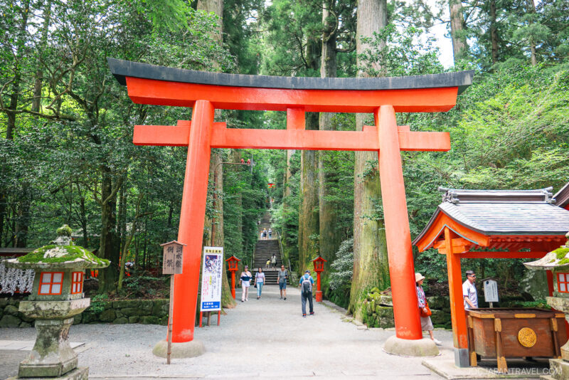 A large red torii gate stands at the entrance to Hakone Shrine, with stone lanterns, signs, and people walking along the path surrounded by tall green trees in a tranquil forest setting.