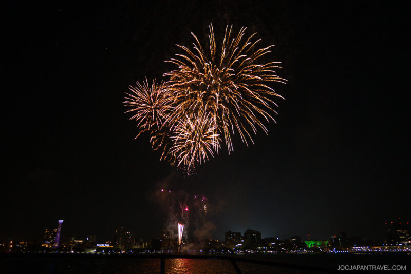 Bright golden fireworks burst in the night sky above a city skyline, their reflections shimmering on the water below. This festive scene resembles those in a hanabi guide, perfectly capturing the spirit of celebration.