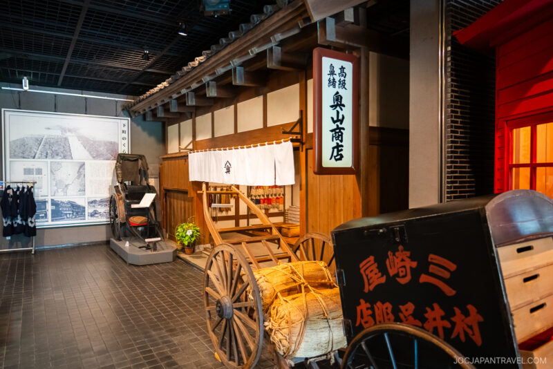 A historical Japanese street scene exhibit at the Tokyo Shitamachi Museum features wooden carts, a rickshaw, traditional shop exteriors with white noren curtains, Japanese signage, and indoor informational panels.