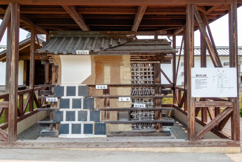A display at Kanazawa Castle Park showcases a traditional Japanese building corner, highlighting construction techniques with varied wall sections and roof tiles under a wooden shelter. Informative signs feature Japanese text and diagrams.