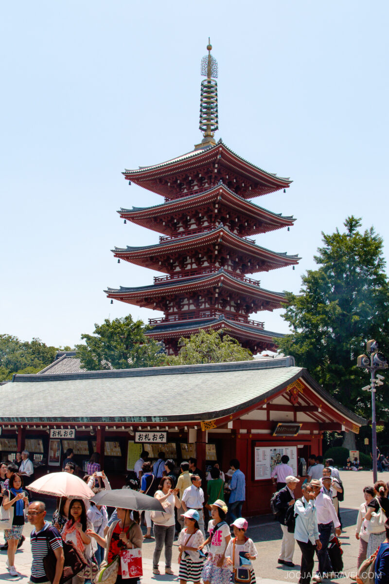 Crowd of people walking and gathering near a traditional Japanese five-story pagoda, surrounded by trees and blue sky, at the Senso-ji Temple in Tokyo.