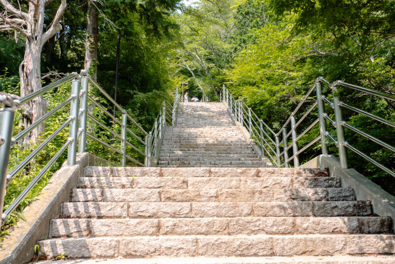 A long stone staircase with metal railings on both sides ascends through the lush, green forest of Arakurayama Sengen Park on a sunny day.