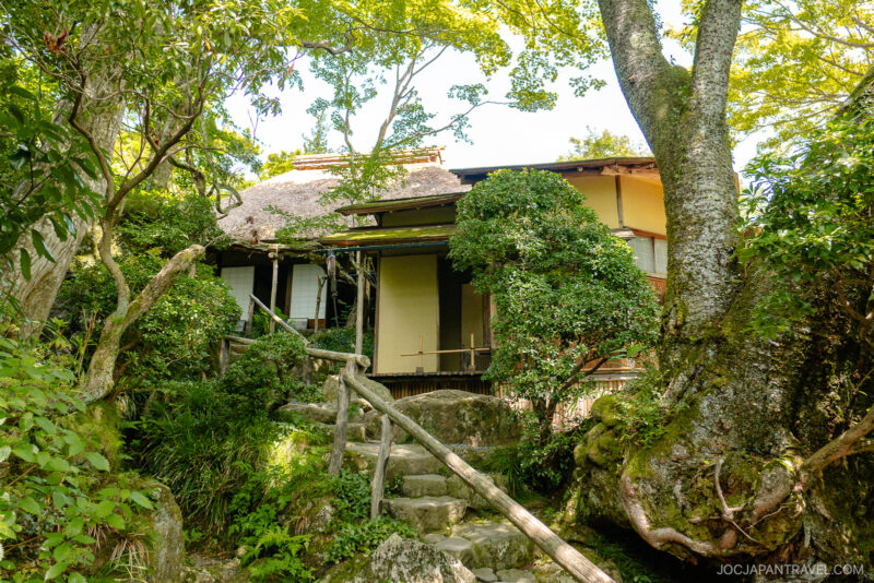 A traditional Japanese house with a thatched roof is nestled among lush green trees and bushes in Hakone Gora Park, with stone steps and a wooden handrail leading to the entrance as sunlight filters through the foliage.