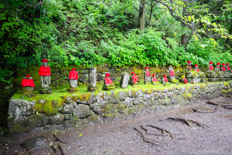 A row of small stone statues wearing red hats and bibs stands on a moss-covered stone wall amid lush green foliage in the Nikko Kanmangafuchi Abyss forest setting.
