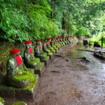 Kanmangafuchi Abyss (憾満ヶ淵) – Nikko’s Quiet Riverside Path A long row of moss-covered stone statues wearing red hats and bibs lines a forest path at Nikko Kanmangafuchi Abyss, surrounded by lush green trees and wet ground.
