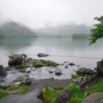 Lake Chuzenji (中禅寺湖) – Nikko’s Scenic Lake and Nature Route A misty Lake Chuzenji is surrounded by green forested hills, with rocks and a small tree in the foreground. A thin red-and-white rope stretches across the water, under an overcast sky with low-hanging clouds.