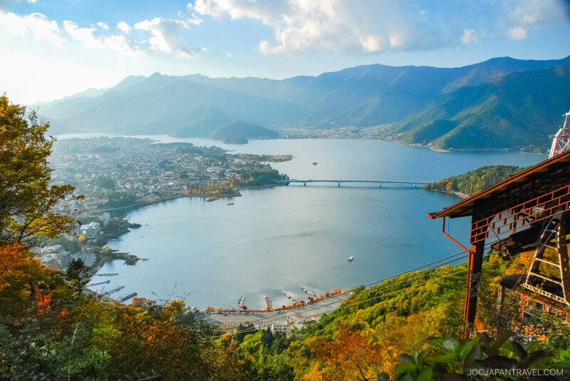 A scenic view of Lake Kawaguchiko in Japan, surrounded by lush green hills and mountains, with the Mt. Fuji Panoramic Ropeway in sight, a bridge spanning the lake, and a town along the shore under a partly cloudy sky.