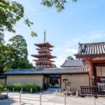 A traditional Japanese temple entrance with a large wooden gate and a tall, red five-story pagoda in the background at Nara Yakushi-ji, surrounded by greenery and under a blue sky.